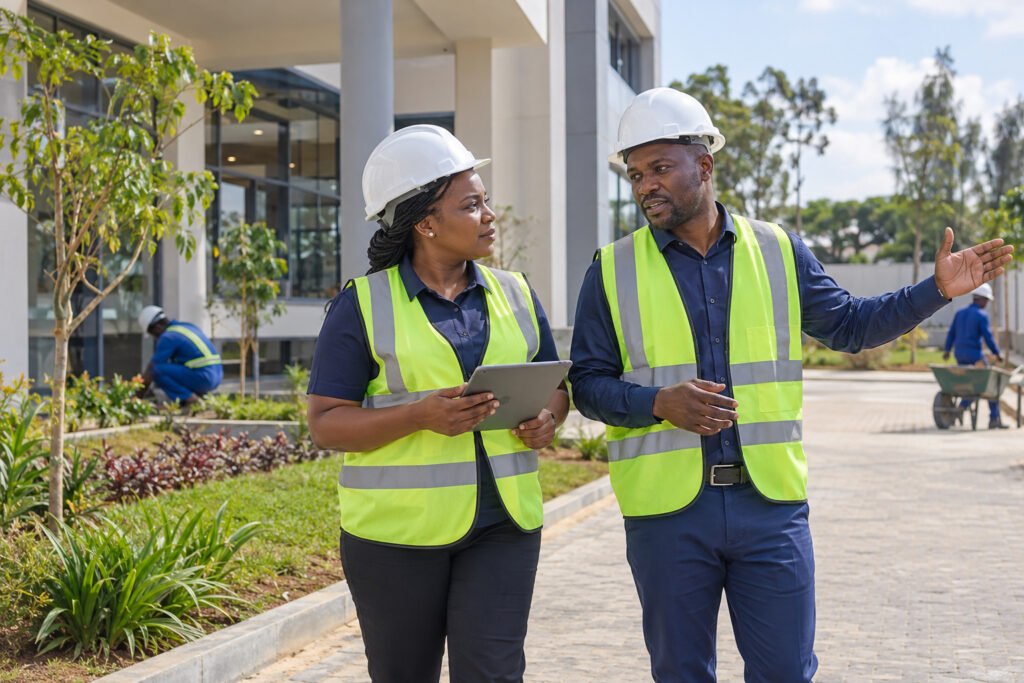 Two professionals in high-visibility vests coordinating work on site
