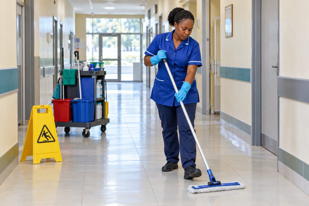 Cleaning professional in protective gloves working in a hospital corridor