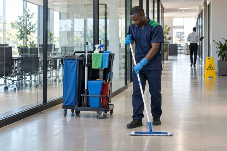 Cleaning professional with a mop trolley in an office corridor