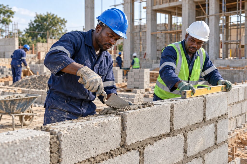 Construction workers in protective equipment building a concrete-block wall