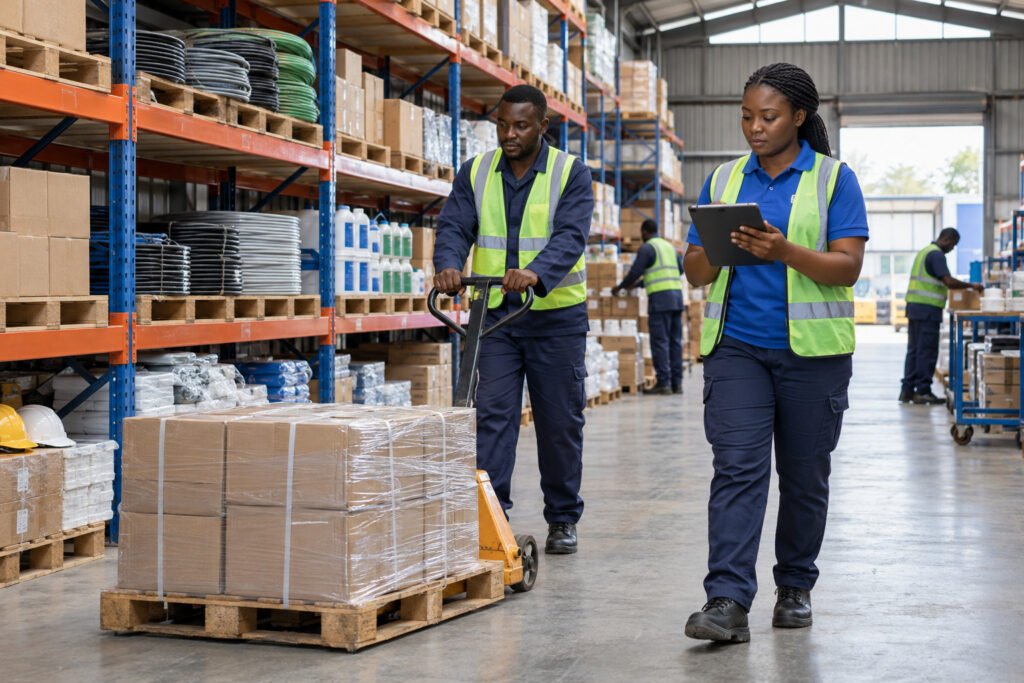 Warehouse professionals checking boxed supplies and protective equipment in a storeroom