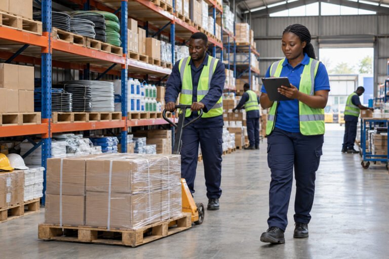 Warehouse professionals checking boxed supplies and protective equipment in a storeroom