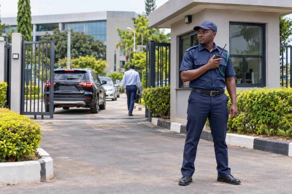 Uniformed security officer at the entrance of a commercial building