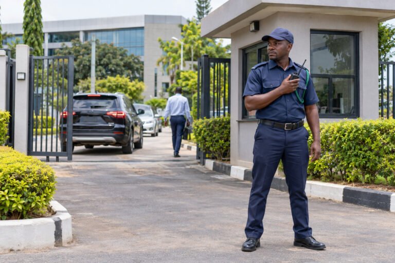 Uniformed security officer at the entrance of a commercial building