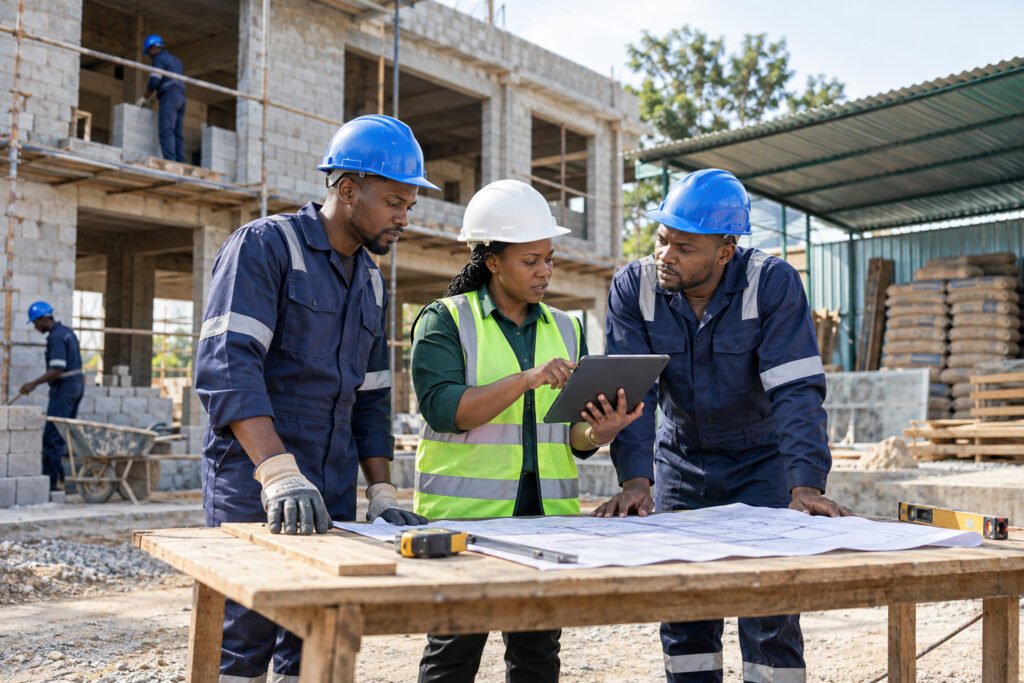 Construction workers and supervisor reviewing work on a site