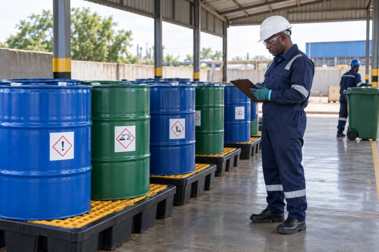 Waste-handling professional inspecting labelled containers in a managed collection area