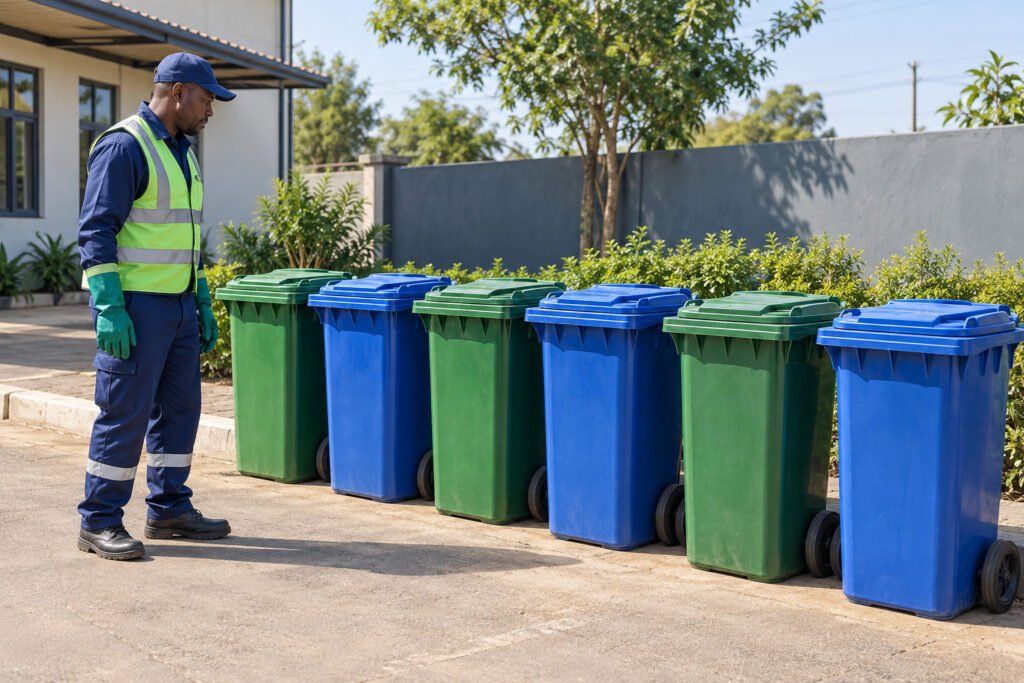 Rows of closed waste bins awaiting collection